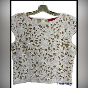 Vintage Valentino Top White Beaded Cutout Floral Pattern Formal Cap Sleeve 8/M